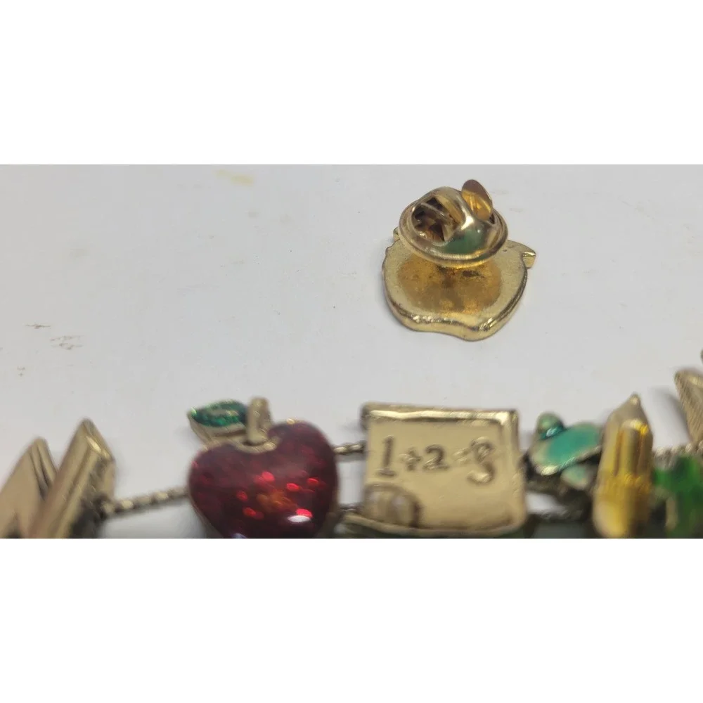 Vtg Teacher Themed Apple Math School Supplies Charm Bracelet & Pin Set Gold Tone